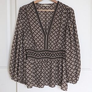 Max Studio Puff Sleeve Top Women L Floral Smocked Long Sleeve Boho Peasant Flowy